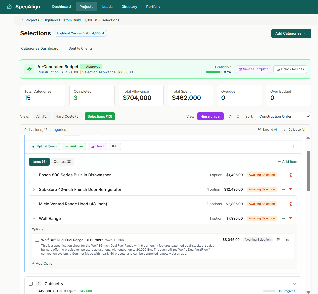 SpecAlign interface showing consolidated specifications organized by room and trade